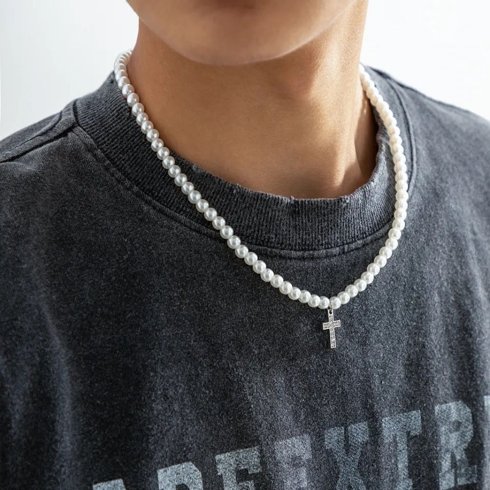 Men's Bling Cross Pearl Necklace